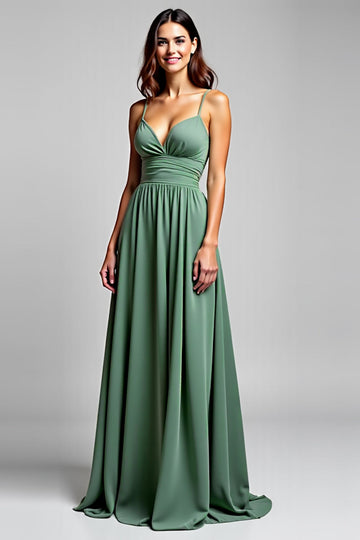 En linje Chiffong Eucalyptus Rynkad Spaghetti Straps Brudtärna Klänning